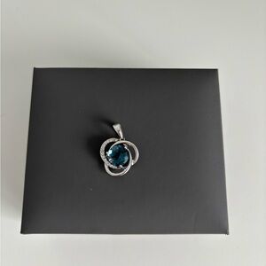 14K Solid White Gold Pendant with London Blue Topaz and Cubic Zirconias